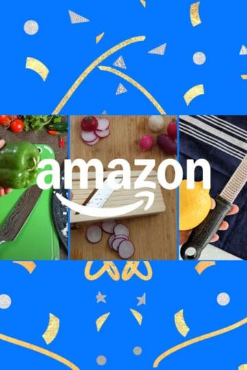 amazon logo with kitchen tools in the background.