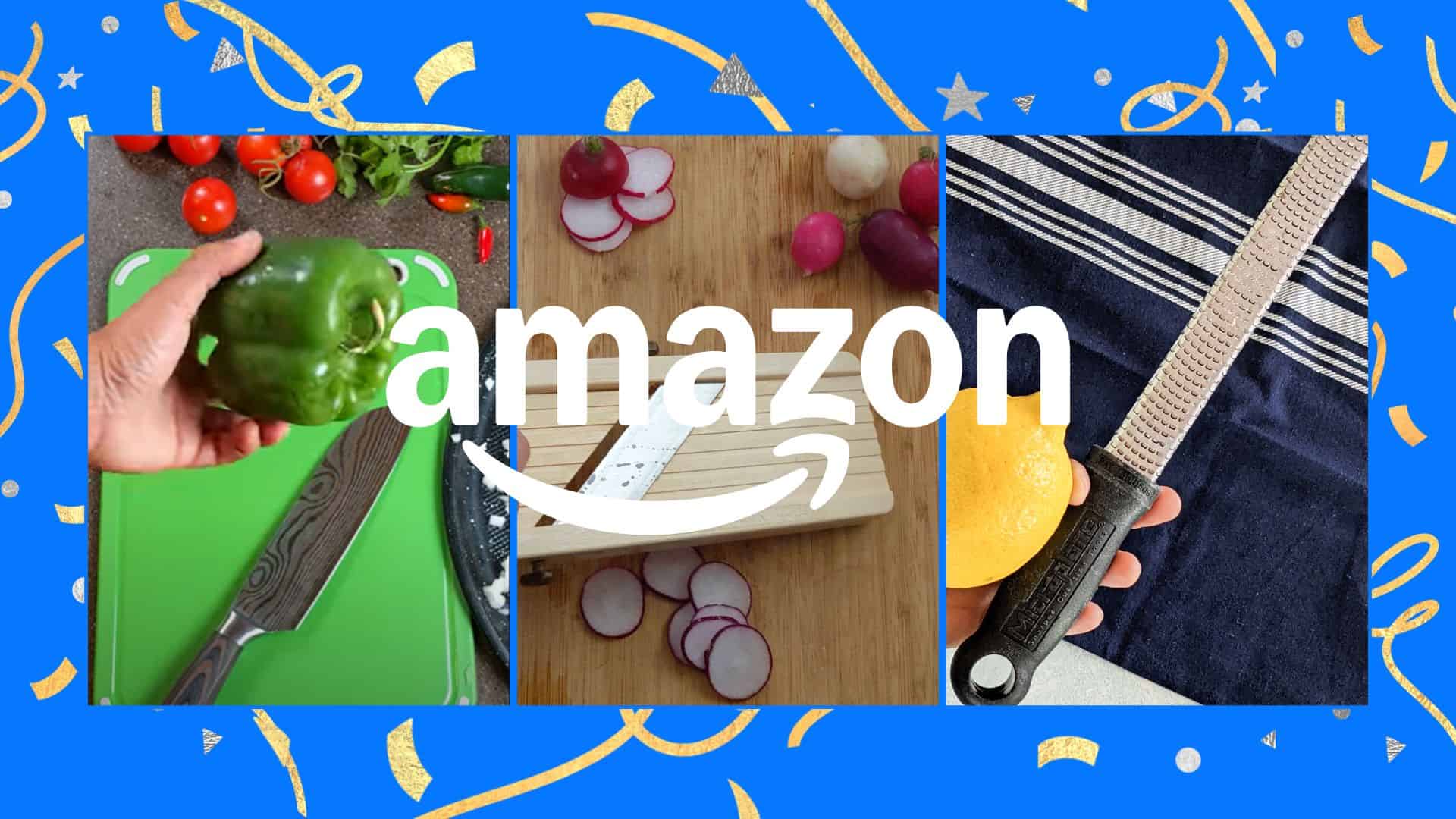 amazon logo with kitchen tools in the background.