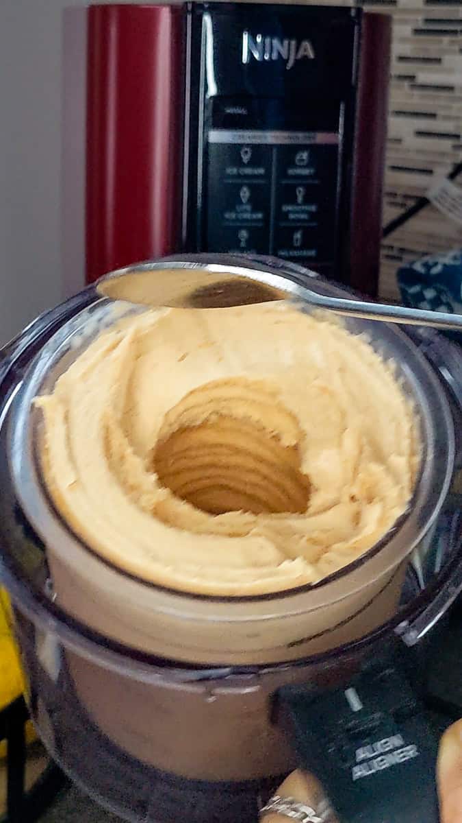the final product of the creamy papaya coconut rum nice creami.