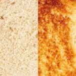 split image of a slice of bread. left untoasted. right toasted.
