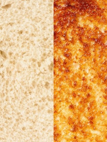 split image of a slice of bread. left untoasted. right toasted.