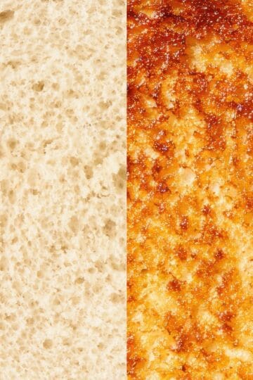split image of a slice of bread. left untoasted. right toasted.