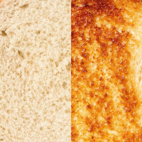 split image of a slice of bread. left untoasted. right toasted.