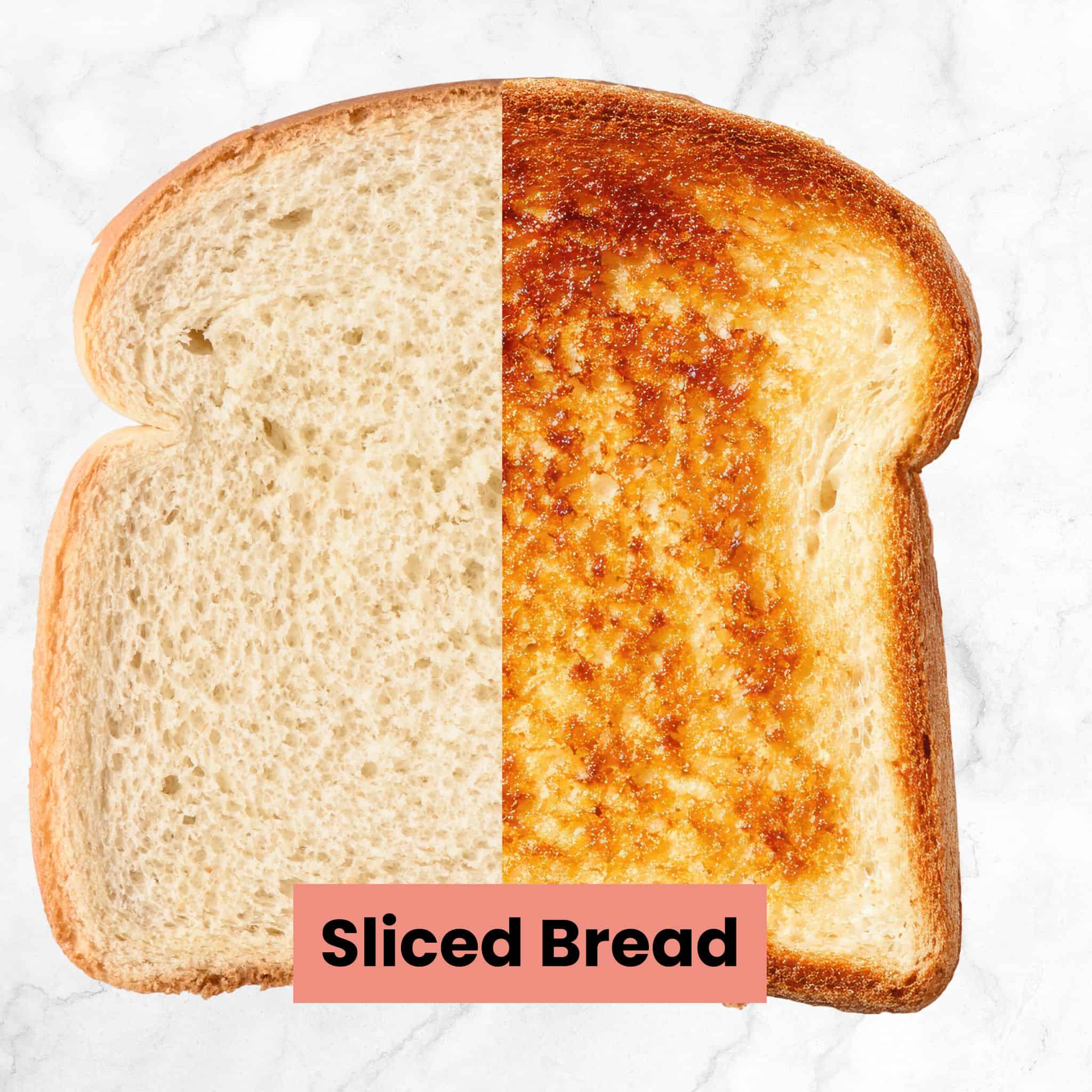 split image of a slice of bread. left untoasted. right toasted.