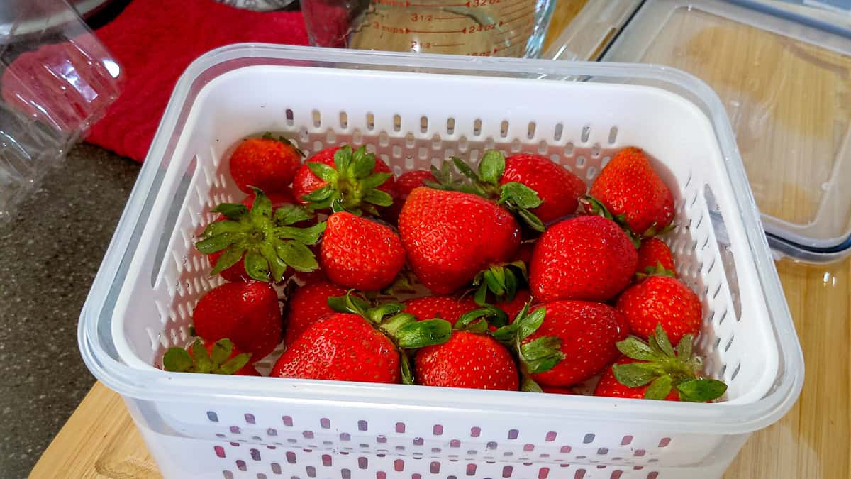 fresh strawberries soaking in vinegar and water.
