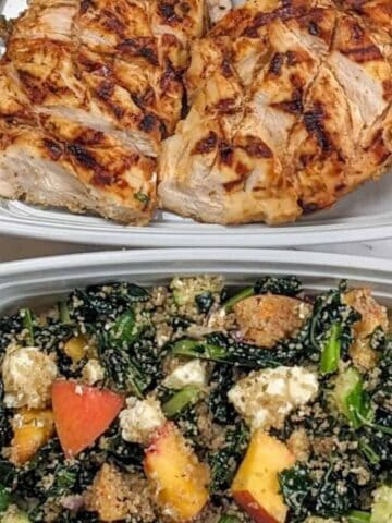 two meal prep food containers. one with grilled chicken and another with kale salad.