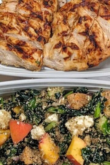 two meal prep food containers. one with grilled chicken and another with kale salad.