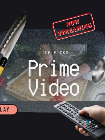 banner for the The Best Cooking Shows on Prime Video for Curious Home Cooks post with a tv screen and person clicking on a remote.