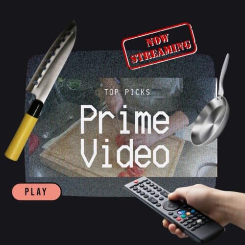 banner for the The Best Cooking Shows on Prime Video for Curious Home Cooks post with a tv screen and person clicking on a remote.