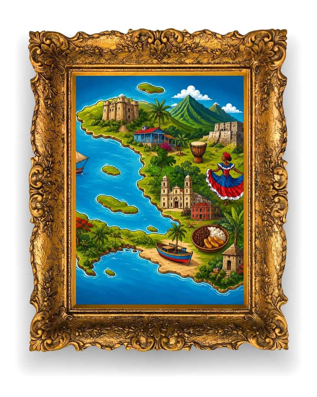 three dimensional map of haiti with symbols that represent it's culture.