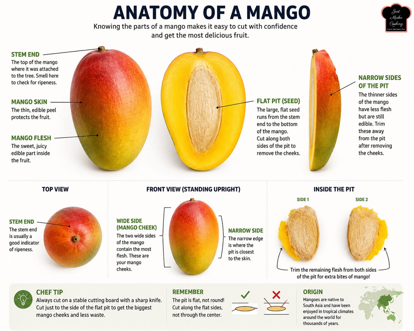showing the whole and cross section of a mango and labeling each section.