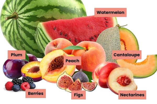 Assorted seasonal fruits including watermelon, peach, plum, cantaloupe, berries, figs, and nectarins.