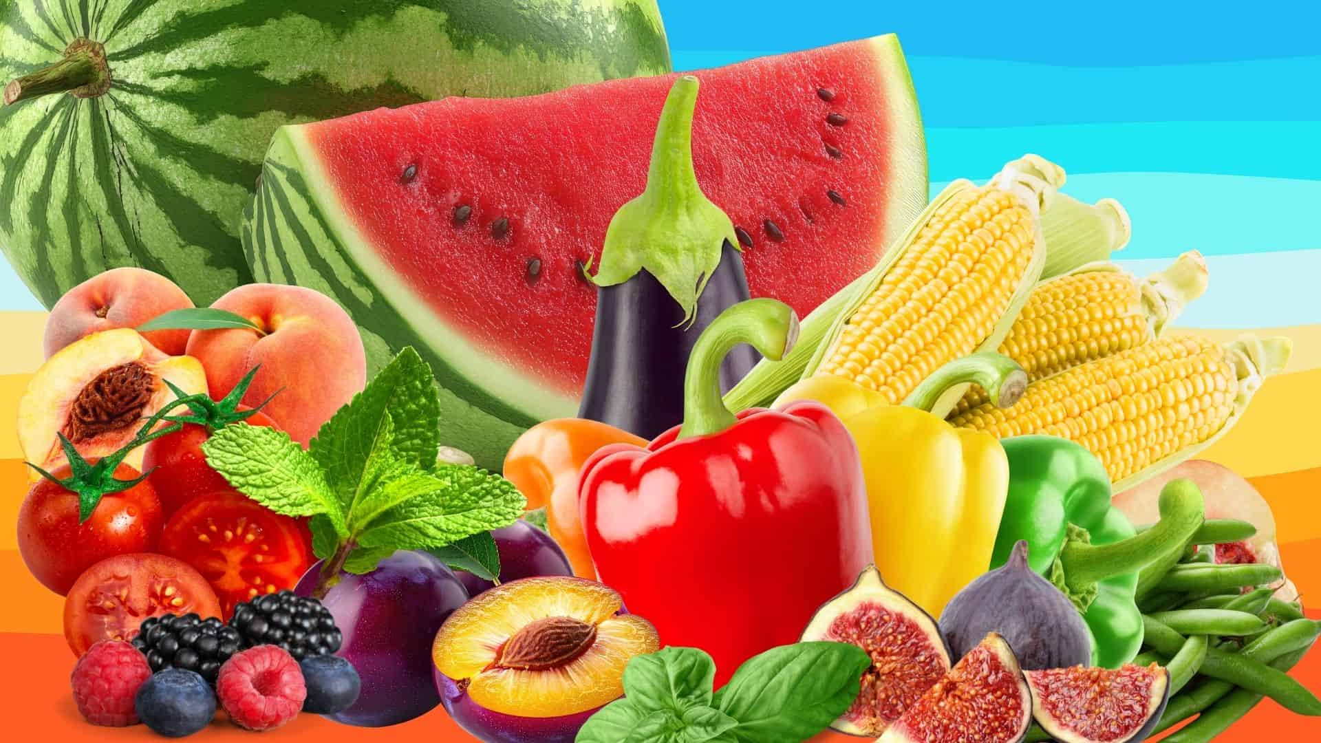 Colorful assortment of summer fruits and vegetables including watermelon, peppers, corn, and berries.