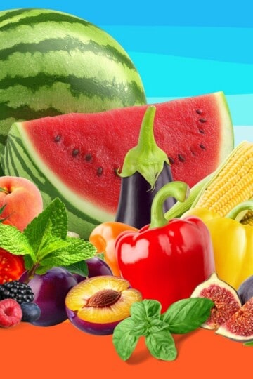 Fresh summer fruits and vegetables including watermelon, peppers, corn, and berries.