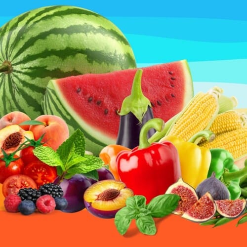 Fresh summer fruits and vegetables including watermelon, peppers, corn, and berries.