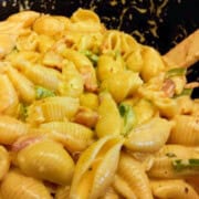 Creamy Bacon Jalapeño Mac and Cheese with cheddar and bacon.