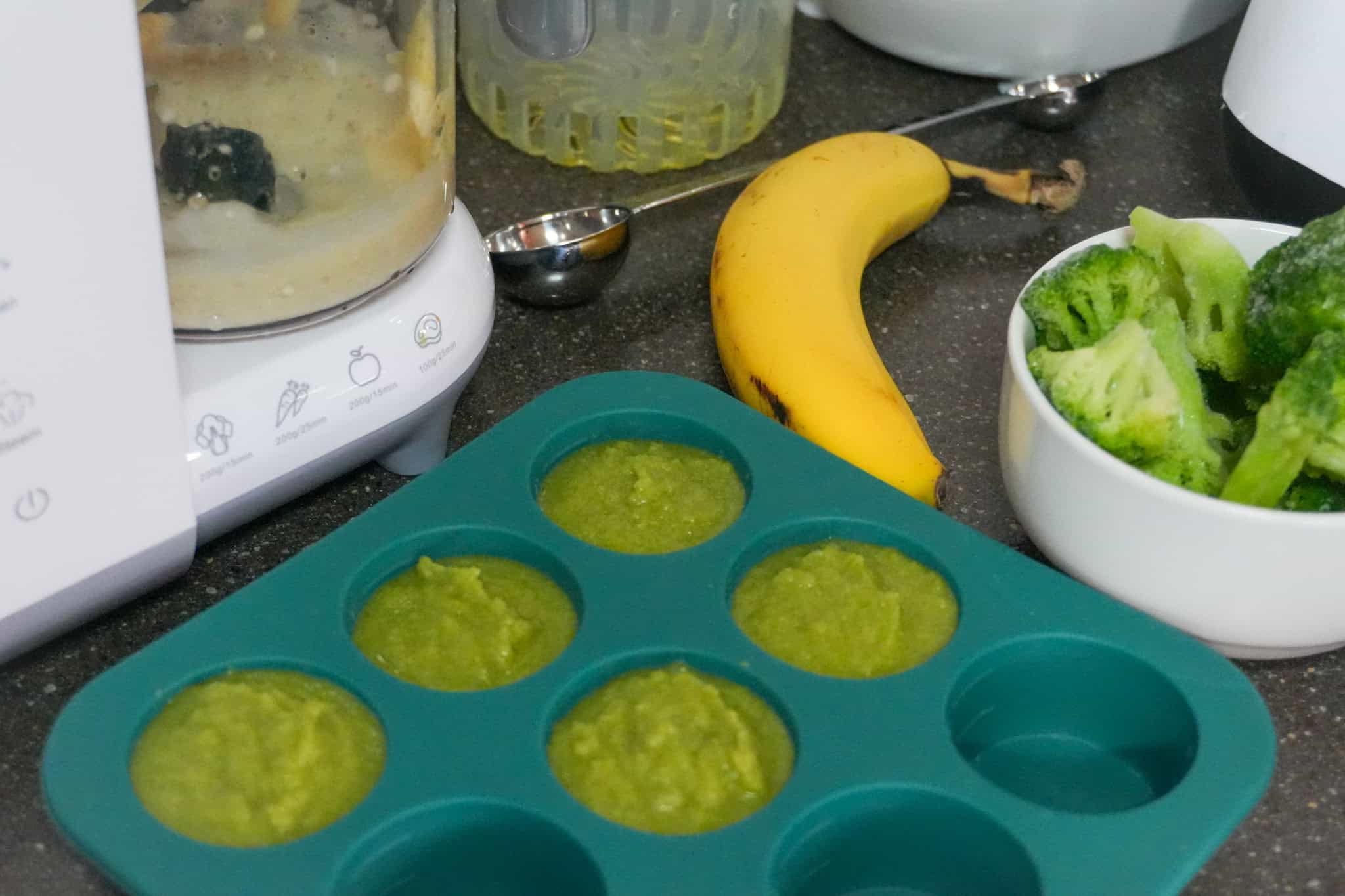 pureed broccoli in anytime freezer tray.