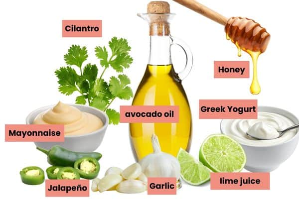 cilantro, garlic, jalapeño, honey, lime juice, mayonnaise, Greek yogurt and avocado oil.