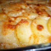 golden brown crusted baked potato au gratin, which are sliced peeled potatoes baked in creamy cheesy sauce.