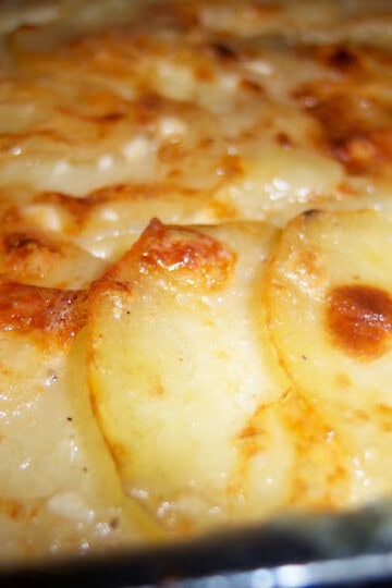 golden brown crusted baked potato au gratin, which are sliced peeled potatoes baked in creamy cheesy sauce.