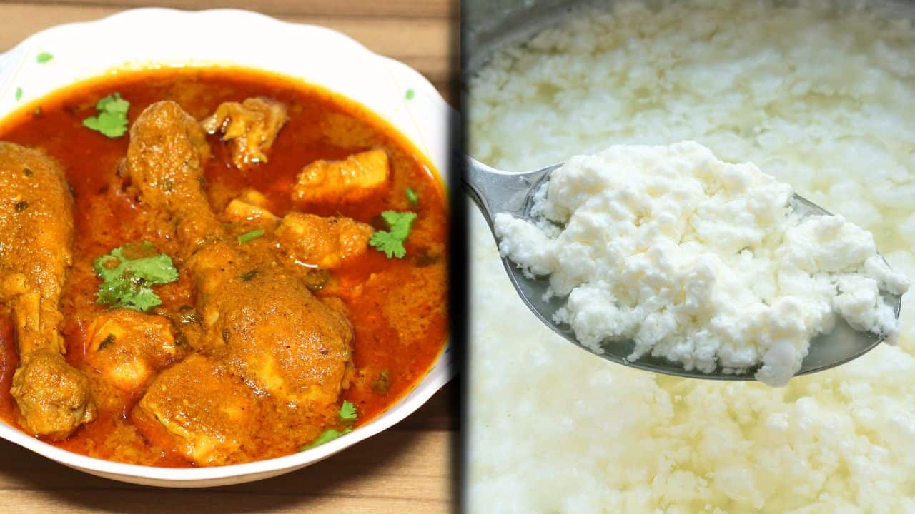 split image of curry and a curdled sauce.