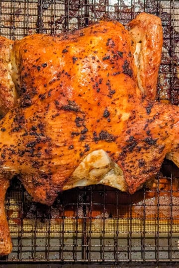 whole golden brown Roasted spatchcock chicken with backbone seperated and roasted as well on a sheet pan with a wire rack.