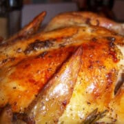 close up of homemade golden brown roasted chicken.