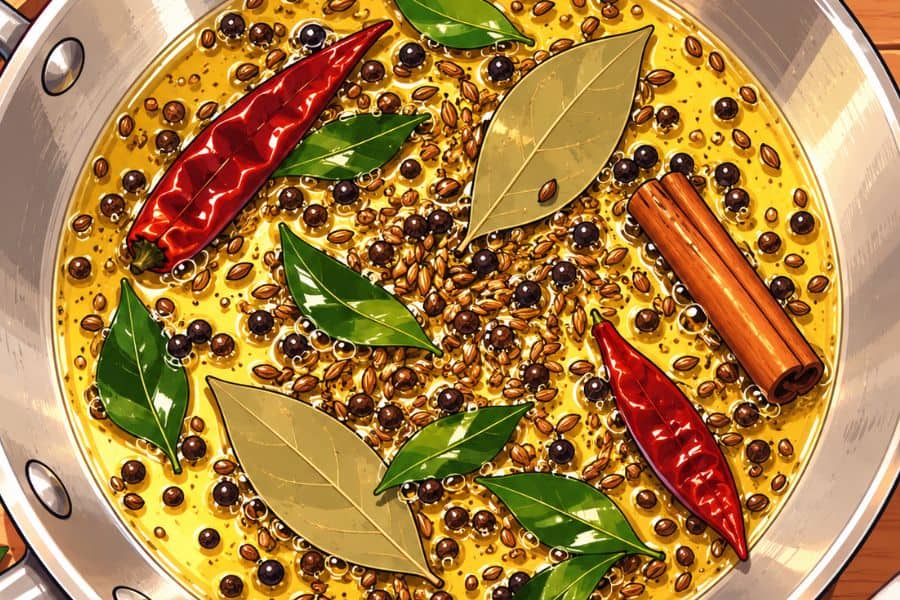 illustration of whole spices blooming in oil.