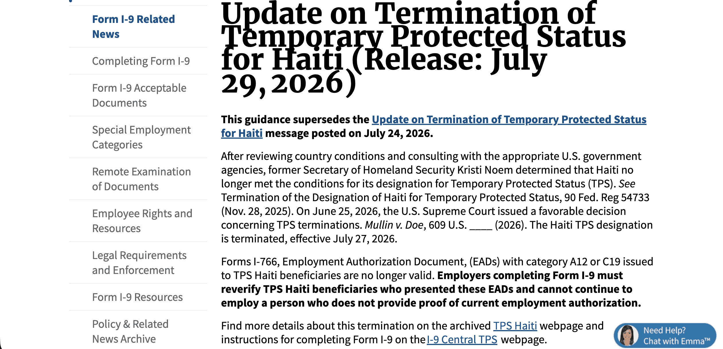 Screenshot of the U.S. Citizenship and Immigration Services (USCIS) July 29, 2026 update regarding the termination of Temporary Protected Status (TPS) for Haiti. Source: USCIS.