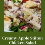 Apple Stilton chicken salad on Wasa crispbread over mixed greens with chives and crumbled cheese pinterest pin titled creamy apple stilton chicken salad on crispy wasa bread.
