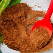 golden redish hue of ras el hanout seasoning blend with a red GIR spoon.