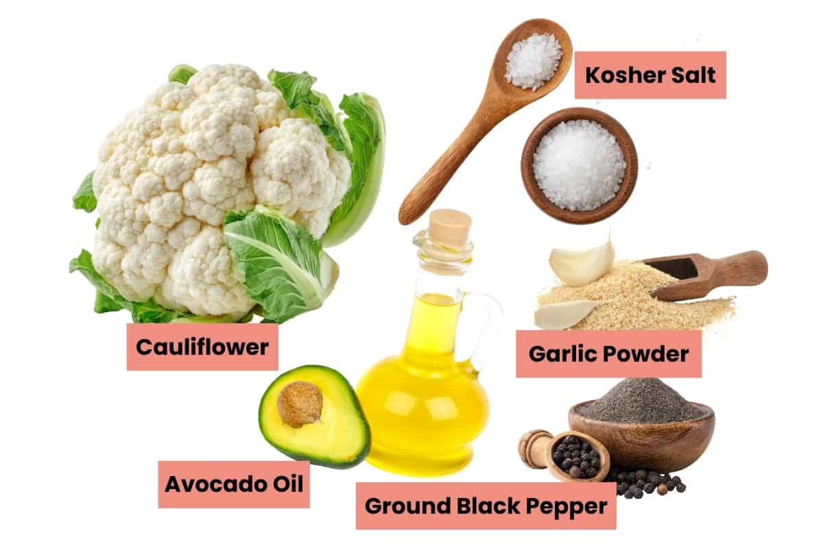 Cauliflower steak recipe's ingredients with labels.