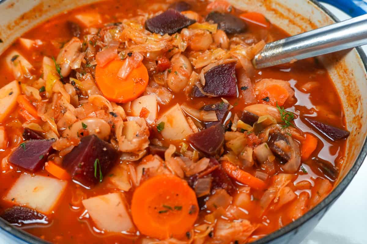 Finished bowl of hearty borscht with potatoes, carrots, cabbage, white beans, and beets.