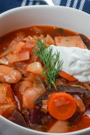 Homemade borscht served with sour cream and fresh dill beside a Dutch oven.