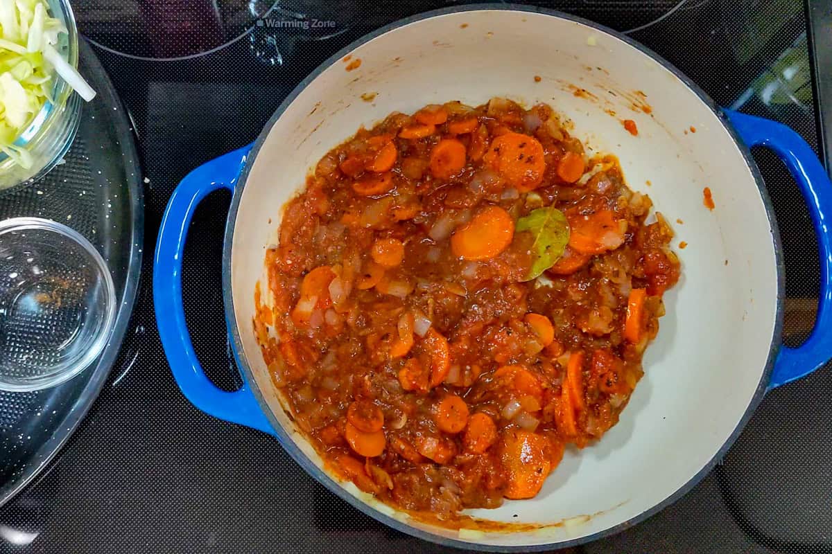 fire-roasted crushed tomatoes cooking briefly with aromatics.