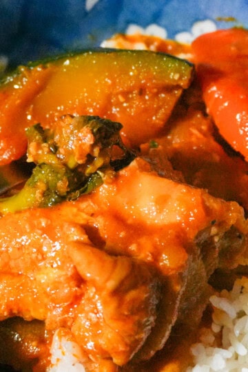 Bone-in chicken, kabocha, and carrots in red sauce beside a bowl of white rice.