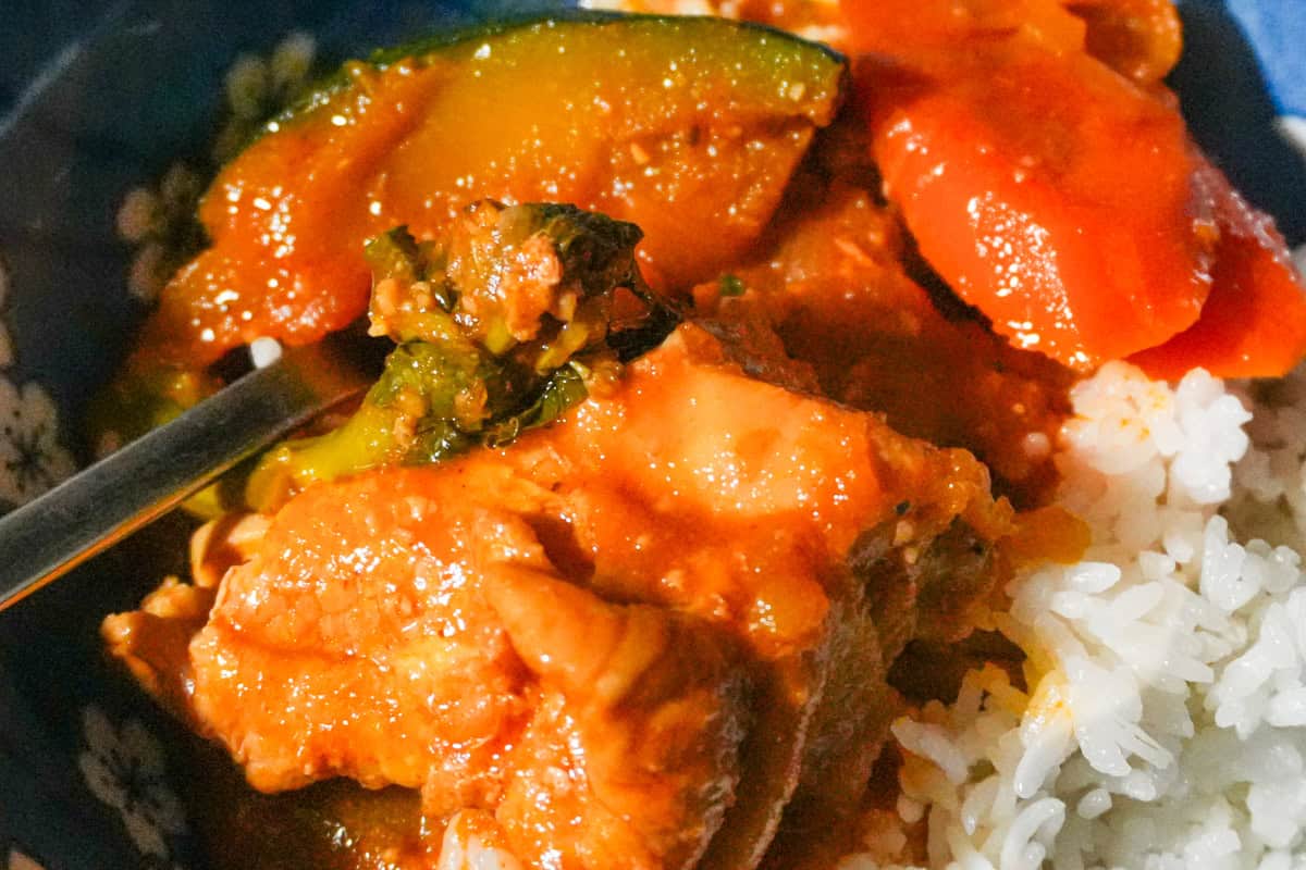Bone-in chicken, kabocha, and carrots in red sauce beside a bowl of white rice.