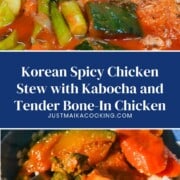 Bone-in chicken, kabocha, and carrots in red sauce beside a bowl of white rice pinterest pin.