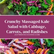 pinterest pin for massaged kale with strips of carrots, red radish and purple cabbage.